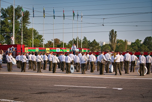 Tiraspol, Transnistria - September 02, 2019: White fanfare preparing to sing at The Independence day celebration in Tiraspol, Transnistria.
