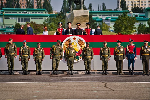 Tiraspol, Transnistria - September 02, 2019: Military forces watching the parade at Independence day celebration in Tiraspol, Transnistria.