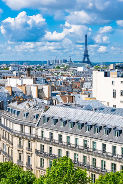 paris, telhados típicos, vista aérea - paris france roof apartment aerial view - fotografias e filmes do acervo