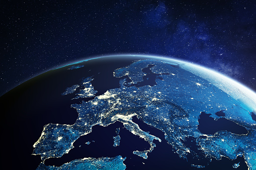 Europe from space at night with city lights showing European cities in Germany, France, Spain, Italy and United Kingdom (UK), global overview, 3d rendering of planet Earth, elements from NASA. Some elements from NASA (https://eoimages.gsfc.nasa.gov/images/imagerecords/57000/57752/land_shallow_topo_2048.jpg)