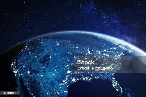 istock USA from space at night with city lights showing American cities in United States, global overview of North America, 3d rendering of planet Earth, elements from NASA 1172808955