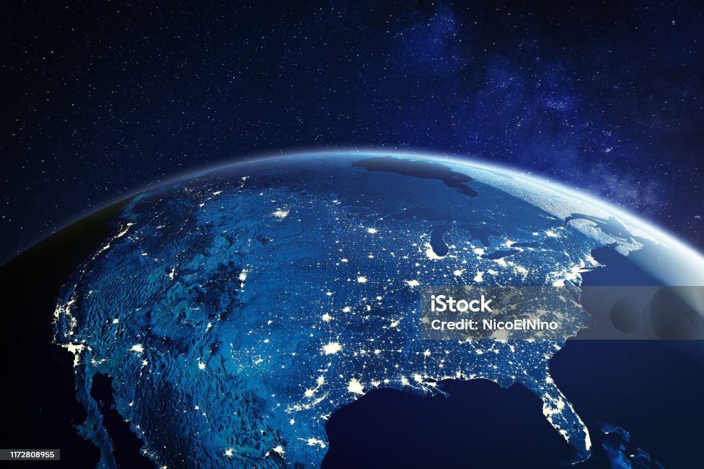 USA from space at night with city lights showing American cities in United States, global overview of North America, 3d rendering of planet Earth, elements from NASA USA from space at night with city lights showing American cities in United States, global overview of North America, 3d rendering of planet Earth. Some elements from NASA (https://eoimages.gsfc.nasa.gov/images/imagerecords/57000/57752/land_shallow_topo_2048.jpg) USA Stock Photo