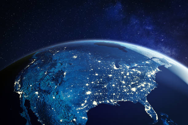 USA from space at night with city lights showing American cities in United States, global overview of North America, 3d rendering of planet Earth, elements from NASA USA from space at night with city lights showing American cities in United States, global overview of North America, 3d rendering of planet Earth. Some elements from NASA (https://eoimages.gsfc.nasa.gov/images/imagerecords/57000/57752/land_shallow_topo_2048.jpg) westernisation stock pictures, royalty-free photos & images