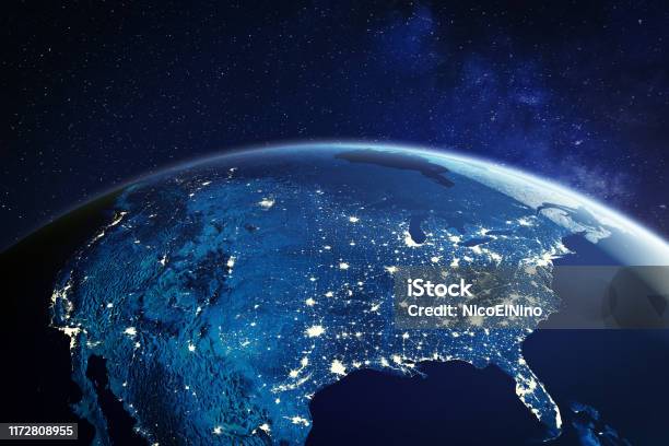 Usa From Space At Night With City Lights Showing American Cities In United States Global Overview Of North America 3d Rendering Of Planet Earth Elements From Nasa Stock Photo - Download Image Now