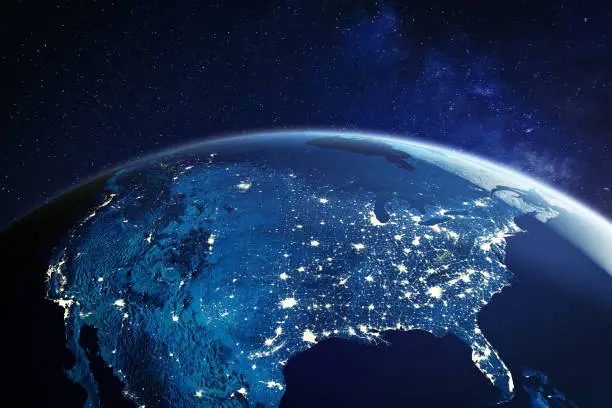 Photo of USA from space at night with city lights showing American cities in United States, global overview of North America, 3d rendering of planet Earth, elements from NASA