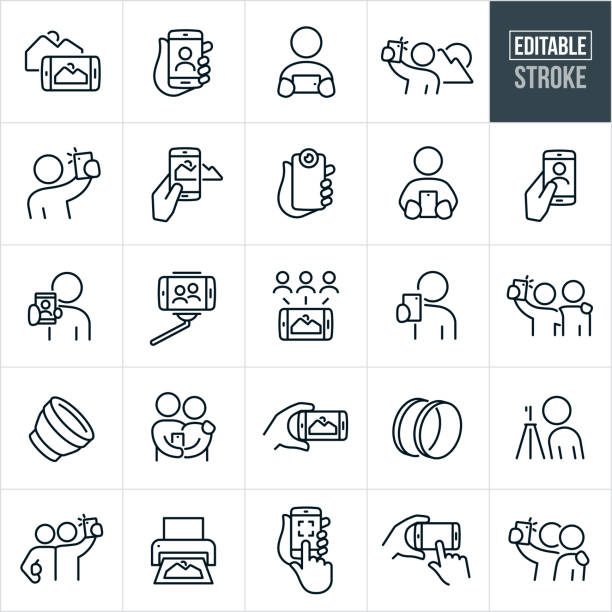 mobile fotografie dünne linie icons - editierbare strich - veränderung fotos stock-grafiken, -clipart, -cartoons und -symbole