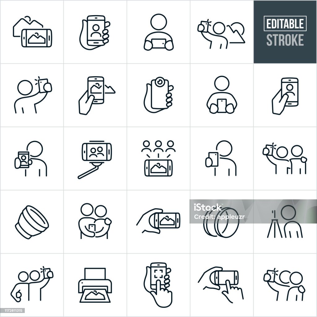 Mobile Photography Thin Line Icons - Editable Stroke A set of mobile photography icons that include editable strokes or outlines using the EPS vector file. The icons include mobile phones taking photos, people using smartphones to take pictures, pictures on mobile phone screens, selfies, person taking picture of a landscape, selfie stick, photo sharing, camera lens, filters, tripod, printing of photos and other icons related to mobile photography. Icon stock vector