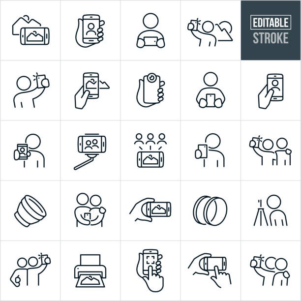 Mobile Photography Thin Line Icons - Editable Stroke A set of mobile photography icons that include editable strokes or outlines using the EPS vector file. The icons include mobile phones taking photos, people using smartphones to take pictures, pictures on mobile phone screens, selfies, person taking picture of a landscape, selfie stick, photo sharing, camera lens, filters, tripod, printing of photos and other icons related to mobile photography. portability illustrations stock illustrations