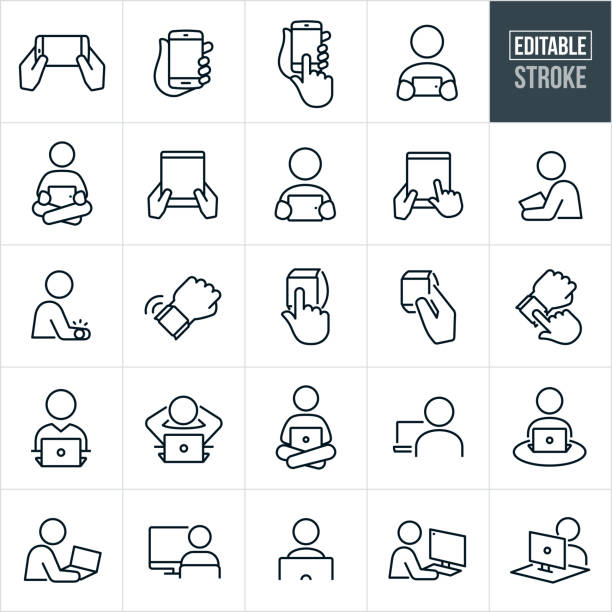 Computers And Devices Thin Line Icons - Editable Stroke A set of computer and devices icons that include editable strokes or outlines using the EPS vector file. The icons include smartphones, mobile phones, people using smartphones, tablet pc, people using tablet pc, smart watches, people using smart watches, laptop computers, people using laptop computers, desktop computers and people using desktop computers. smart watch business stock illustrations
