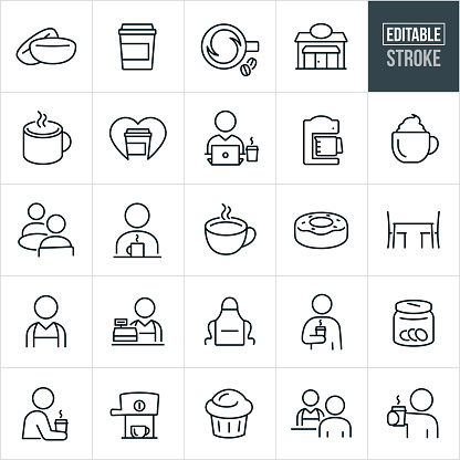 A set of coffee and coffee shop icons that include editable strokes or outlines using the EPS vector file. The icons include coffee beans, coffee cup, cup of coffee, coffee shop, barista, coffee mug, love of coffee, person working at computer and drinking coffee, coffee maker, espresso, espresso machine, cappuccino, people drinking coffee, individuals drinking coffee, donut, table with chairs, cashier, apron, tip jar, muffin and other coffee related icons.
