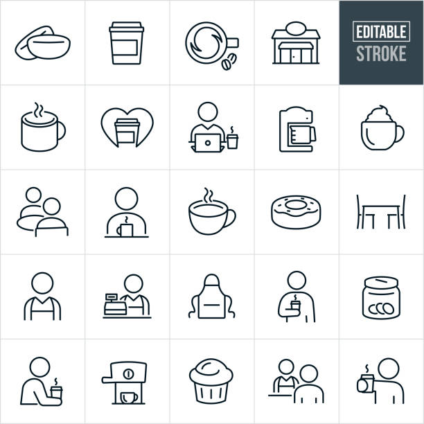 Coffee Shop Thin Line Icons - Ediatable Stroke A set of coffee and coffee shop icons that include editable strokes or outlines using the EPS vector file. The icons include coffee beans, coffee cup, cup of coffee, coffee shop, barista, coffee mug, love of coffee, person working at computer and drinking coffee, coffee maker, espresso, espresso machine, cappuccino, people drinking coffee, individuals drinking coffee, donut, table with chairs, cashier, apron, tip jar, muffin and other coffee related icons. barista stock illustrations