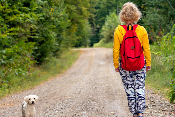 istock Girl walking with the dog along the path 1172814014