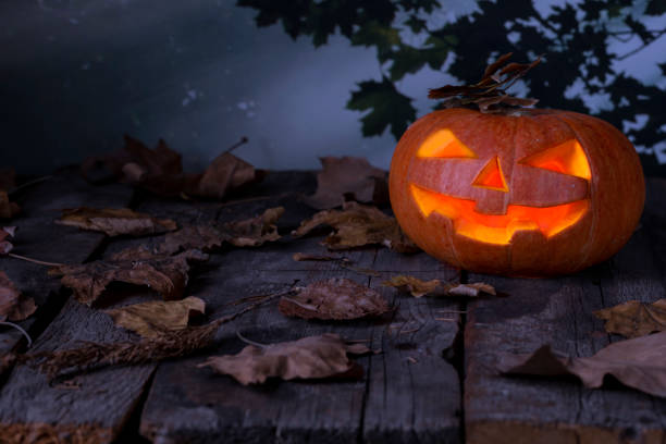 istock Halloween pumpkin glowing In a mystic  forest at night. 1172814047