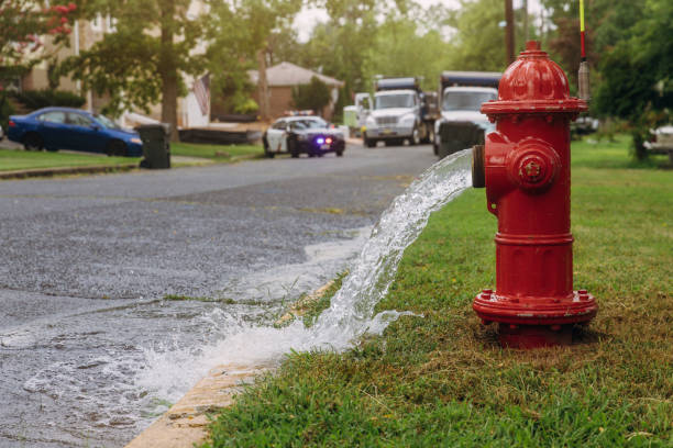 istock Water flowing from an open red fire hydrant is wet from the spray. 1172819560