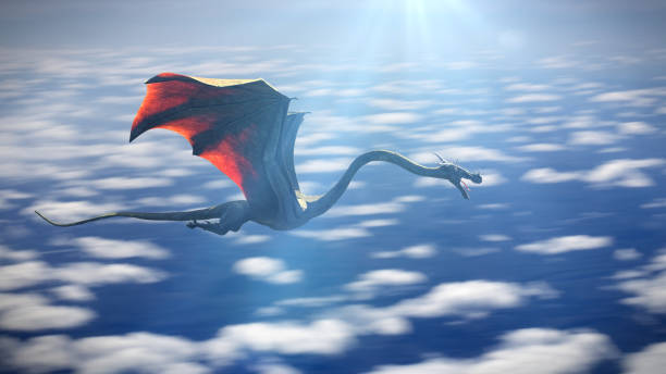 istock fast flying dragon, legendary green creature high above the clouds 1172825007