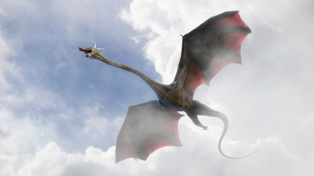 istock giant dragon, fairy tale creature flying through the clouds 1172825768