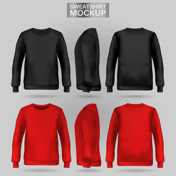 Vector illustration of Blank men's red and black sweatshirt in front, back and side views. Realistic male clothes for sport and urban style