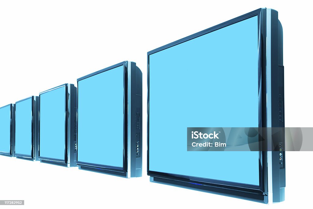 Fileira de TVs LCD isolada no branco " - Foto de stock de Fileira royalty-free
