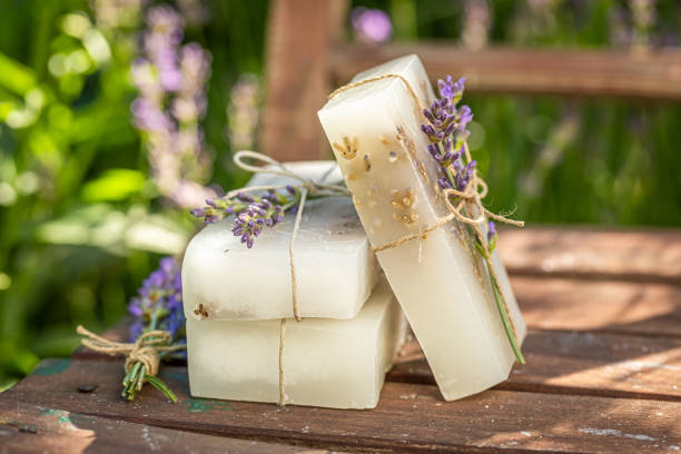 Handmade and aromatic lavender soap made of fresh ingredients stock photo