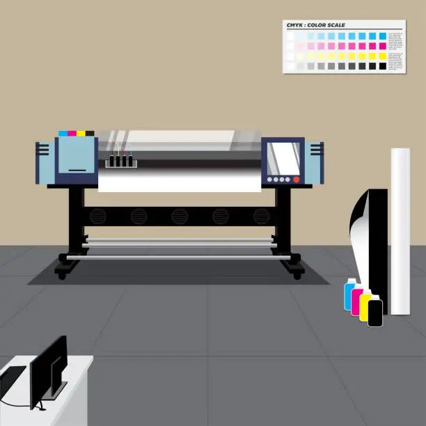 Vector illustration of Retro color large format printer in the room