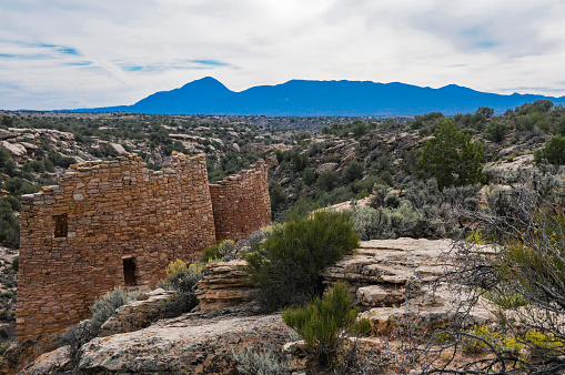 Hovenweep National Monument - Ruins and Ute Mountain in Background on the Little Ruin Trail