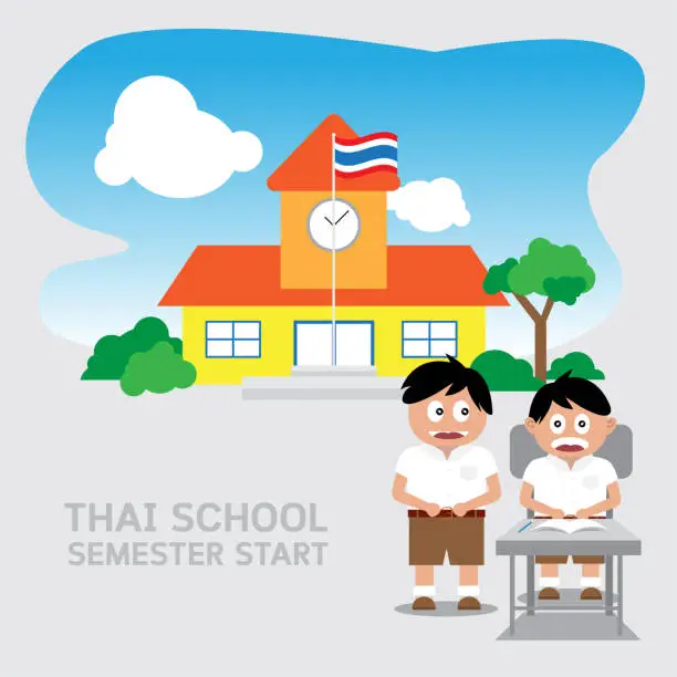 Vector illustration of Thai school semester start, concept vector with student and building
