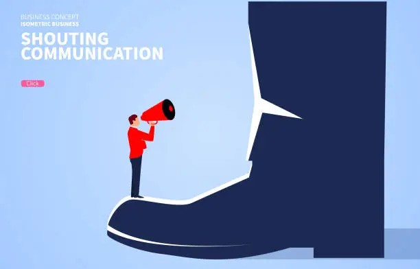 Vector illustration of Small businessman holding a megaphone standing on the soles of giants, shouting giants