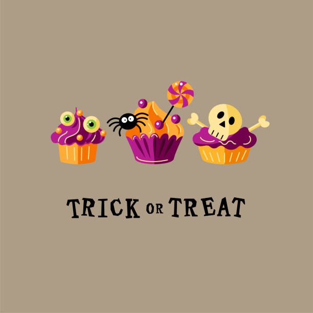 Halloween card with funny cupcakes Trick or treat. Halloween card, funny cupcakes with sugar skull, eyes, spider. Flat style vector illustration. Great for party invitation, flyer, greeting card, web, postcard halloween cupcake stock illustrations