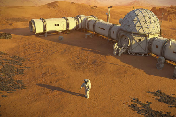istock Mars base with astronauts, station on the surface of the red planet (3d science illustration) 1172857762