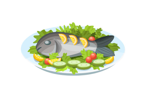 köstliches gericht - zartes fischfleisch, mit grüns, zitrone und gemüse. - dishware stock-grafiken, -clipart, -cartoons und -symbole