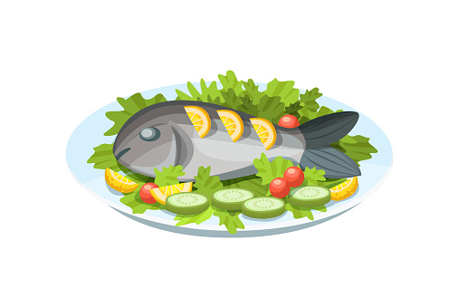 Festive seafood specialties, modern delicacies with a beautiful presentation on the plate. Delicious dish - tender fish meat, with greens, lemon and vegetables. Cartoon vector.