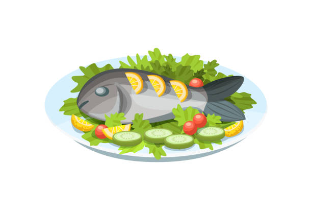 Delicious dish - tender fish meat, with greens, lemon and vegetables. Festive seafood specialties, modern delicacies with a beautiful presentation on the plate. Delicious dish - tender fish meat, with greens, lemon and vegetables. Cartoon vector. meal dinner food plate stock illustrations