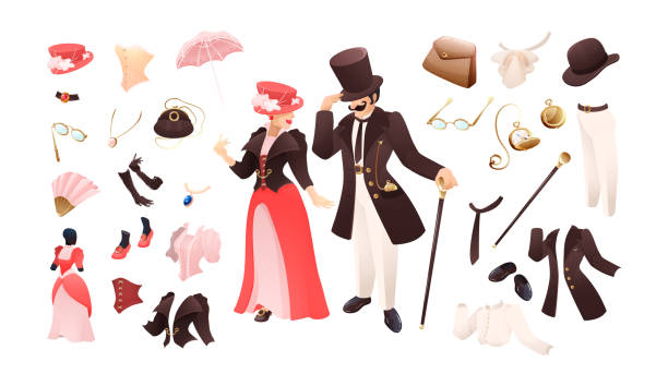 Lady and gentlemen retro clothing and fashion accessories Vintage fashion collection. Lady and gentlemen retro clothing and fashion accessories tie, watch, cane, hat, coat, umbrella, corset, shoes men's women's fashion vector illustration runway condition stock illustrations