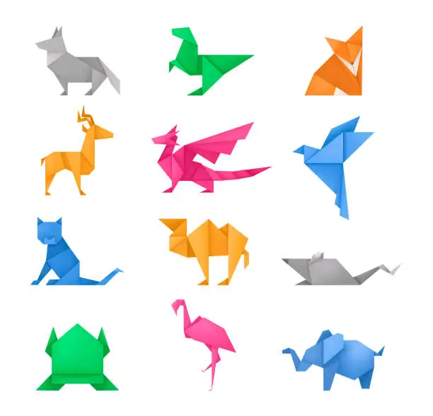 Vector illustration of Origami animals different paper toys set vector