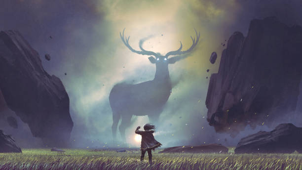 ilustrações de stock, clip art, desenhos animados e ícones de man encountering the legendary deer - fantasy