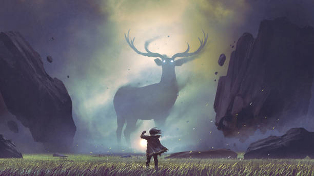 man encountering the legendary deer the man with a magic lantern facing the giant deer in a mysterious valley, digital art style, illustration painting fantasy stock illustrations