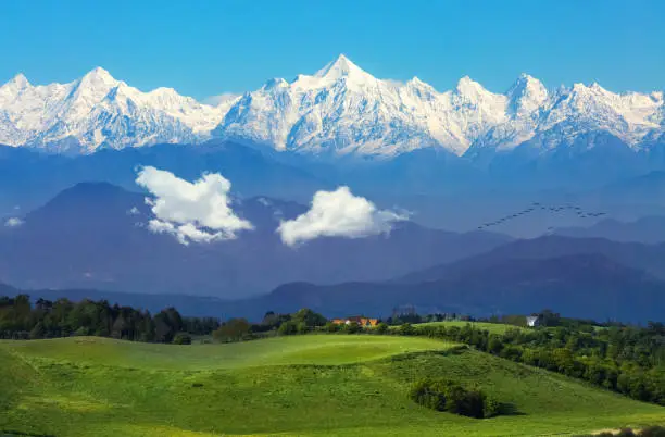 Scenic landscape with view of majestic Himalaya range with lush green meadows and beautiful scenery at Munsiyari Uttarakhand, India