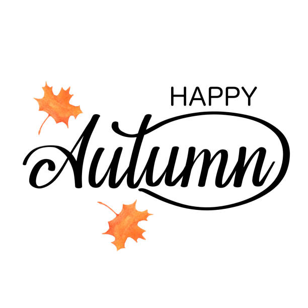 istock Happy autumn lettering with orange marple leaves on white background. 1172872012
