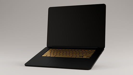 Black with Gold Keys Laptop Raised Angle Left View 3d illustration 3d render