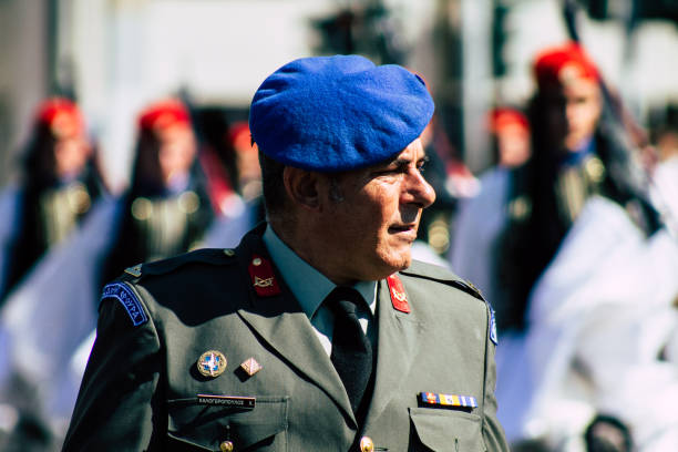 Athens Greece September 1, 2019 View of Greek soldiers marching at the military ceremony on the tomb of the unknown soldier in Athens in the morning