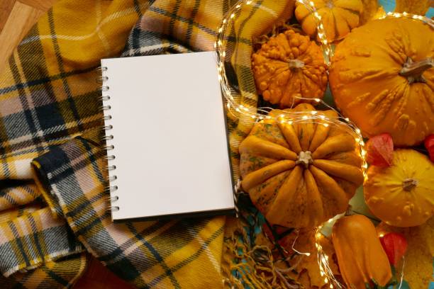 istock Autumn flat lay. Thanksgiving Day. halloween mockup. Empty notebook with Pumpkins set, yellow maple leaves, shining garland on a checkered yellow scarf. Fall season. Autumn mood 1172873870