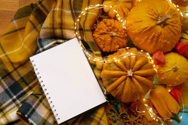 l'appartement d'automne gisait. le jour de thanksgiving. halloween maquette. carnet vide avec des citrouilles ensemble, feuilles d'érable, guirlande brillante sur une écharpe jaune à carreaux. saison d'automne. humeur d'automne - autumn thanksgiving leaf garland photos et images de collection