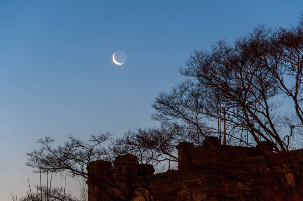 istock Early morning crescent moon and brick building 1172874996