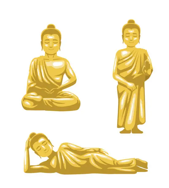 Vector illustration of Various Buddha Poses Gold Statue Cartoon Vector