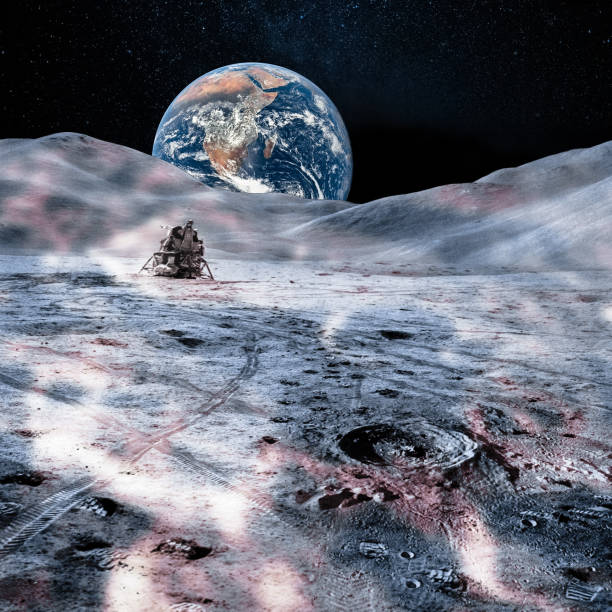 istock Planet Earth far away from the moon surface, with craters and lunar rover. 1172876909