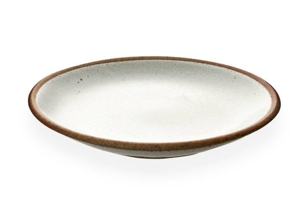 Empty ceramic plate with brown edge, White round plate isolated on white background with clipping path, Side view