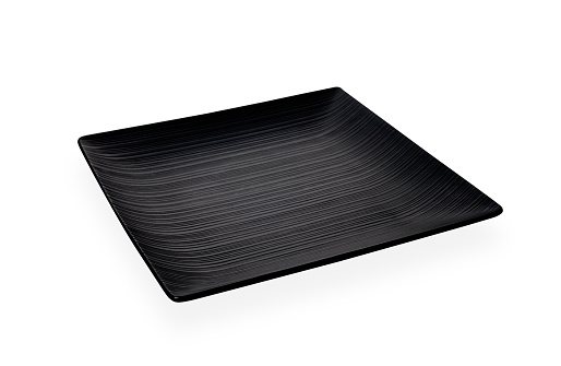 Square black plate,  Empty dark black ceramic plate with stripe pattern isolated on white background with clipping path, Side view