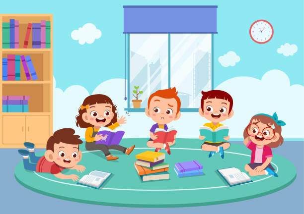 ilustraciones, imágenes clip art, dibujos animados e iconos de stock de niños discuten estudio de la tarea juntos - back to school talking discussion education