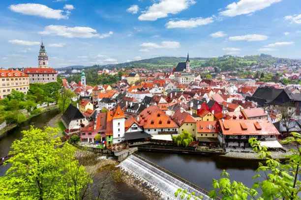 Cesky Krumlov cityscape with castle and old town, Czech Republic