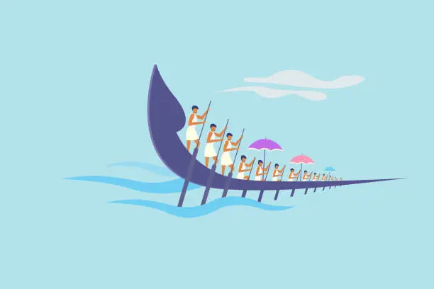 Vector illustration of Teams rowing traditional snake boats. Concept for boat racing in the backwaters of Kerala